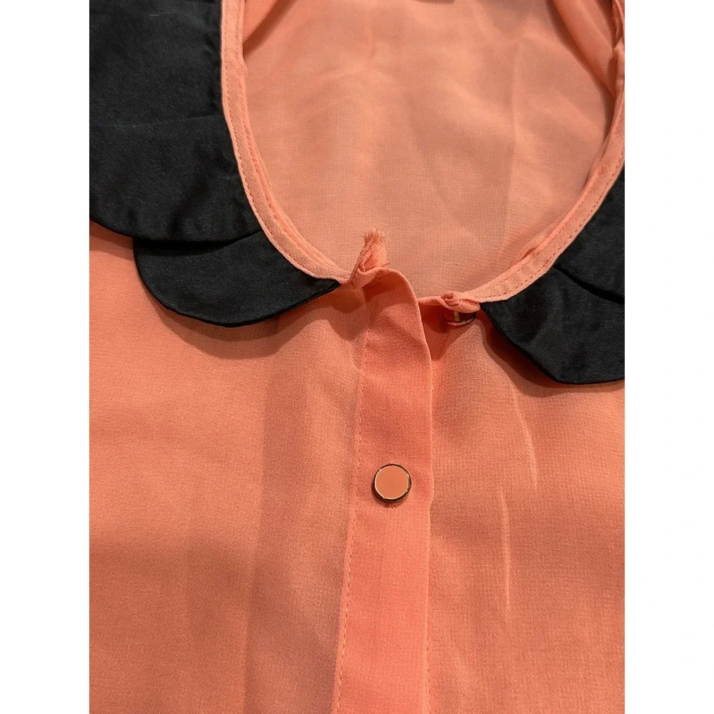 Forever 21 Top Blouse Women's Size Small Orange Long Sleeve Sheer Black Trim EUC